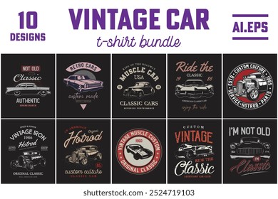 Classic Cars T-shirt Designs Vetor Illustration Print Graphics Bundle (Pacote de gráficos de impressão).