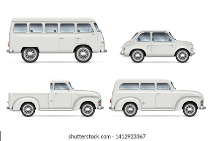 Classic cars vector mockup on white background for vehicle branding, corporate identity with view from right side. All elements in the groups on separate layers for easy editing and recolor.