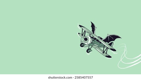 Classic cartoon bat-winged dragonfly plane, white smoke trail, vintage unique feel.