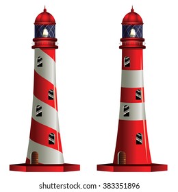 Classic cartoon lighthouse of red and white color.