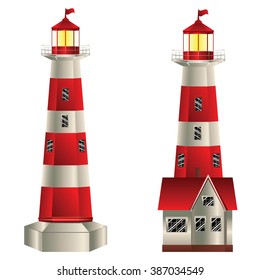 Classic cartoon lighthouse of red and white color.