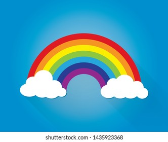 Classic cartoon rainbow arc with clouds agains blue sky background. Vivid spetrum vector illustration. Color pride harmony curved lines.  