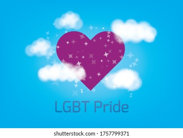 Classic cartoon rainbow arc with clouds against blue sky background. Vivid spectrum. Color pride harmony for LGBT. Pride awareness design for poster, card or web banner with purple heart.