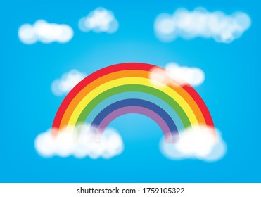 Classic cartoon rainbow arc with clouds against blue sky background. Vivid spectrum. Color pride harmony for LGBTQI. Pride awareness design for poster, card or web banner. Canadian rainbow.