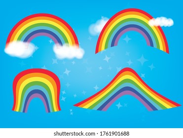 Arco arcoiris de dibujos animados clásicos con nubes sobre fondo azul del cielo. Espectro vivo. La armonía del orgullo de color para la comunidad LGBTQI. Diseño de conciencia del orgullo para afiches, tarjetas o banner web. Arcoiris canadiense.