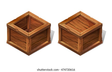 Classic Cartoon Wooden Isometric Box On White Background. Vector Illustration.