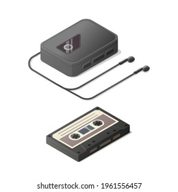 Classic cassette player, headphones and tape. Isometric vector illustration. Isolated on white background.