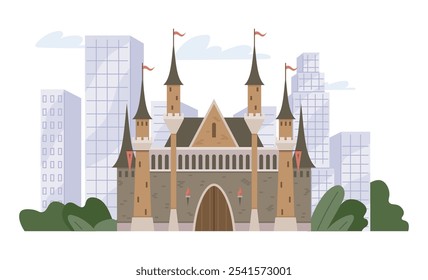 A classic castle sits forefront with modern skyscrapers in the background. Ideal for historical contrast, urban development, architectural integration, timeless beauty, cultural heritage. Clean