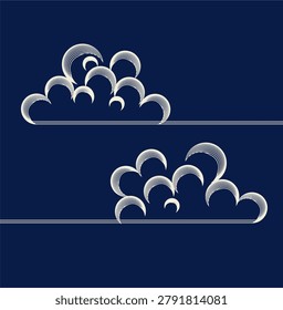 A classic celestial concept featuring clouds at night layout in a structured Art Deco linear graphics design. This vector illustration showcases a balanced atmospheric skyline with clean stepped puffs, geometric moonlit silhouettes, and sharp outline symmetry. Inspired by the historical cosmic formatting and high-society evening aesthetics that defined the roaring 20s and 1930s generation, the artwork combines a rich royal blue background with precise metallic silver details. Suitable for heritage luxury business corporate branding.