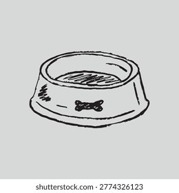 Classic ceramic pet bowl with a bone icon. Perfect for dog food or water, featuring rustic textured lines and a nostalgic feel. Hand drawn vector sketch illustration in vintage charcoal ink.