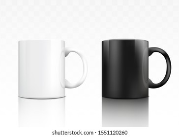 Classic ceramic tea mug set - white and black realistic mugs isolated on transparent background. Hot drink container cup collection with shiny surface - vector illustration.