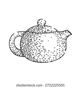 Linha de bule de cerâmica clássico desenho em estilo vintage, simples contorno preto evocando tradicional cerimônia de chá asiático, hospitalidade e cerveja caseira em fundo branco