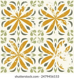 Classic ceramic tile design with floral and leaf motifs. Green and yellow shades. Inspired by Mexican floral mosaics and Mediterranean aesthetics. Textured, retro-style tiles.