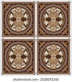 Classic ceramic tile pattern.Design with classic element on dark brown color background.Hand drawn.These design is perfect for adding pattern to home decorative tile,textile,concrete and wallpaper.