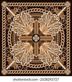 Classic ceramic tile pattern.Design with classic element on dark brown color background.Hand drawn.These design is perfect for adding pattern to home decorative tile,textile,concrete and wallpaper.