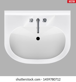 Classic ceramic washbasins with water tap. Porcelain washstand. Top view. Sample Ceramic sink Model with faucet For Bathroom and Restroom. Vector Illustration isolated on white background.