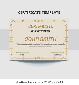 Classic certificate of achievement template design with golden hand drawn shapes. Horizontal certificate for award, business, and education needs