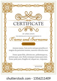 Classic certificate design. Elegant frame and design elements.Certificate of achievement template in vector with applied Thai line in yellow gold tone.