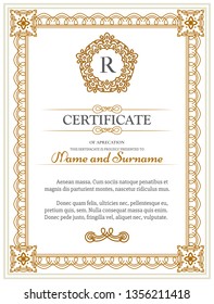 Classic certificate design. Elegant frame and design elements.Certificate of achievement template in vector with applied Thai line in yellow gold tone.