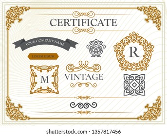Classic certificate design. Elegant frames and design elements. Borders template in vector with applied Thai line in yellow gold tone.