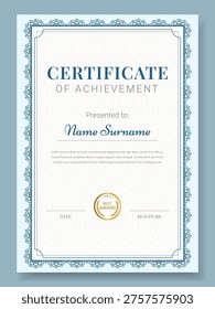 Classic Certificate Design in Vector Format with Blue Border and Gold seal Badge. Vertical Format Diploma.