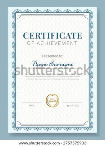 Classic Certificate Design in Vector Format with Blue Border and Gold seal Badge. Vertical Format Diploma.