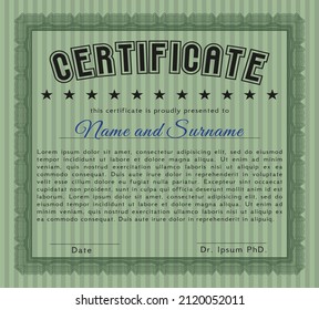Plantilla de certificado o diploma clásico.  Diseño elegante.  Fácil de imprimir.  Detallado.  Color verde.