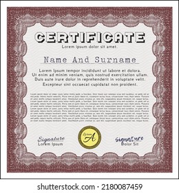 Classic Certificate or Diploma template.  Money style design.  Complex background.  Customizable, Easy to edit and change colors.  Red color.