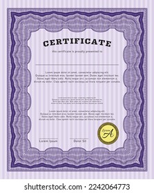 Classic Certificate or Diploma template.  Money style design.  With complex linear background.  Vector illustration.  Violet color.