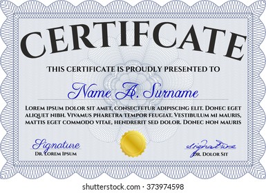 Classic Certificate or Diploma template. Money Pattern design. Blue color.