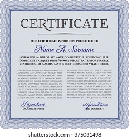 Classic Certificate or Diploma template. Money Pattern design. Blue color.
