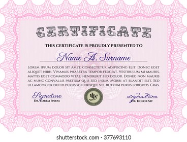Classic Certificate or Diploma template. Money Pattern design. Pink color.