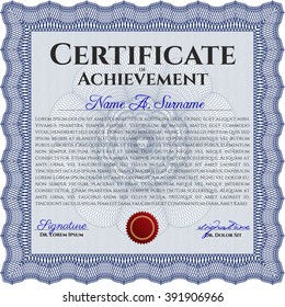 Classic Certificate or Diploma template. Money Pattern design. Blue color.