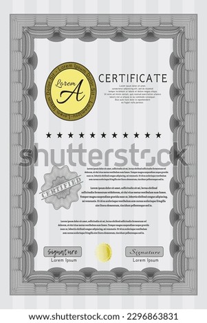 Classic Certificate or Diploma template.  Nice design.  With guilloche pattern and background.  Detailed.  Grey color.