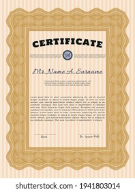 Plantilla de certificado o diploma clásico.  Diseño superior.  Fondo complejo.    Color naranja.