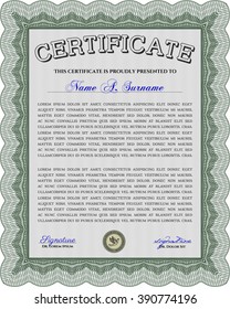 Classic Certificate template. Award. With great quality guilloche pattern. Money Pattern. Green color.