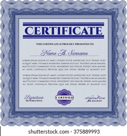 Classic Certificate template. Award. Money Pattern. With great quality guilloche pattern. Blue color.