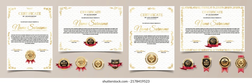 Classic certificate template. Collection of diplomas, set of documents confirming successful completion of studies at university. Award for talented students. Cartoon flat vector illustration