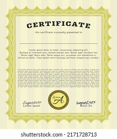 Classic Certificate template.  Excellent design.  With guilloche pattern.  Detailed.  Yellow color.