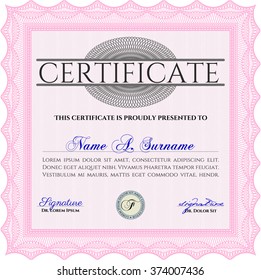 Classic Certificate template. With great quality guilloche pattern. Award. Money Pattern design. Pink color.