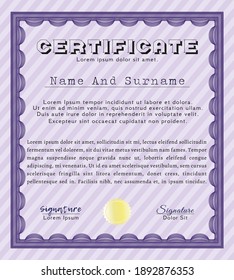 Classic Certificate template.  Modern design.  With guilloche pattern and background.  Customizable, Easy to edit and change colors.  Violet color.