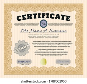 Classic Certificate template.  Money Pattern.  With complex background.  Vector illustration.  Orange color.