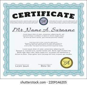 Classic Certificate template.  Money Pattern design.  Easy to print.  Vector illustration.  Light blue color.