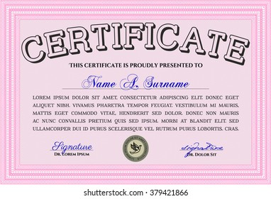 Classic Certificate template. Money Pattern. Award. With great quality guilloche pattern. Pink color.