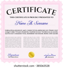 Classic Certificate template. Money Pattern design. Pink color.
