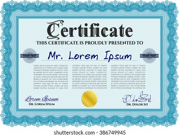 Classic Certificate template. Money Pattern design. Light blue color.