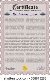 Classic Certificate template. Money Pattern design. With great quality guilloche pattern. Award. Red color.