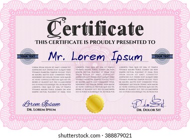 Classic Certificate template. Money Pattern design. Pink color.