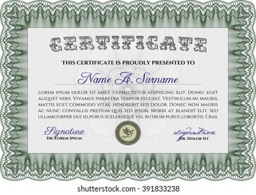 Classic Certificate template. Money Pattern design. Green color.