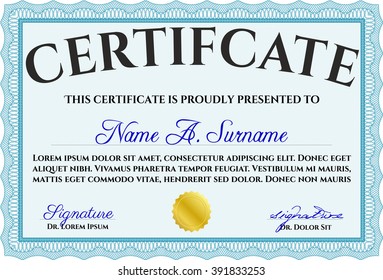 Plantilla de certificado clásica. Diseño del patrón de dinero. Color azul claro.